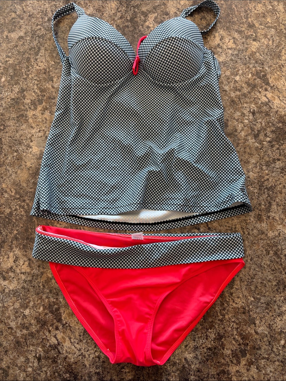 Gingham Tankini Top with Bright Pink/Coral Bikini Bottoms - Women Swim